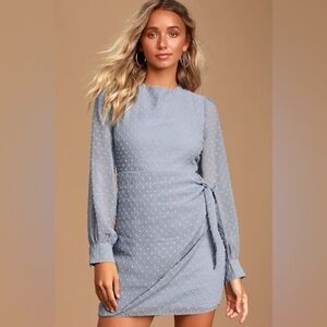 LuLu’s Much Love Light Blue Swiss Dot Long Sleeve Tie-Front Mini Dress